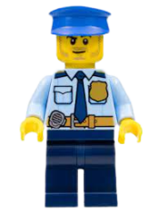 LEGO Police - City Shirt with Dark Blue Tie and Gold Badge, Dark Tan Belt with Radio, Blue Legs, Blue Police Hat, Black Stubble and Raised Right Eyebrow minifigure