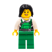 LEGO Police - City Bandit Female with Green Overalls, Black Mid-Length Tousled Hair, Backpack, Peach Lips Open Mouth Smile minifigure