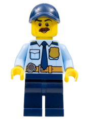 LEGO Police - City Shirt with Dark Blue Tie and Gold Badge, Dark Tan Belt with Radio, Dark Blue Legs, Dark Blue Cap with Hole, Brown Bushy Moustache minifigure