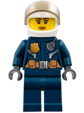 LEGO Police - City Helicopter Pilot Female, Leather Jacket with Gold Badge and Utility Belt, Dark Blue Legs, White Helmet, Peach Lips Slight Smile minifigure