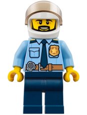 LEGO Police - City Officer Shirt with Dark Blue Tie and Gold Badge, Dark Tan Belt with Radio, Dark Blue Legs, White Helmet, Black Beard minifigure