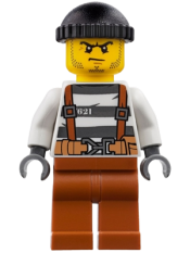 LEGO Police - City Bandit Crook Overalls 621 Prison Stripes, Dark Orange Legs, Black Knit Cap, Beard Stubble and Scowl minifigure