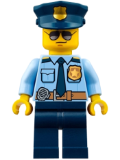 LEGO Police - City Officer Shirt with Dark Blue Tie and Gold Badge, Dark Tan Belt with Radio, Dark Blue Legs, Police Hat with Gold Badge, Sunglasses minifigure