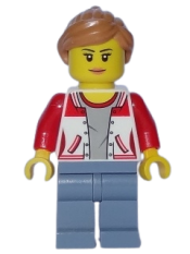 LEGO City Bus Passenger - Female Jacket Open with Number '8' on Back, Sand Blue Legs, Medium Nougat Hair Ponytail, Peach Lips minifigure