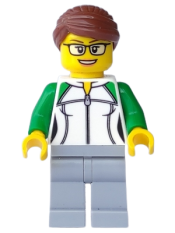 LEGO City Newsstand Worker - Female Outline Sweatshirt with Zipper, Light Bluish Gray Legs, Reddish Brown Hair with Bun, Glasses minifigure