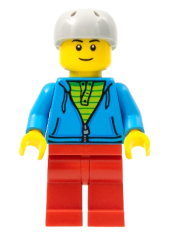 LEGO City Bus Passenger - Dark Azure Hoodie with Green Striped Shirt, Red Legs, Light Bluish Gray Sports Helmet minifigure