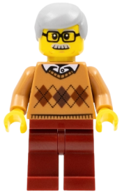 LEGO City Newsstand Visitor - Medium Nougat Argyle Sweater, Dark Red Legs, Light Bluish Gray Hair minifigure