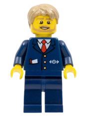 LEGO City Bus Driver - Dark Blue Suit with Train Logo, Dark Tan Short Tousled Hair, Beard minifigure