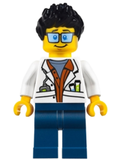 LEGO City Jungle Scientist - White Lab Coat with Test Tubes, Dark Blue Legs, Black Ruffled Hair minifigure