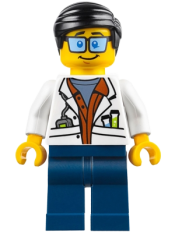 LEGO City Jungle Scientist - White Lab Coat with Test Tubes, Dark Blue Legs, Black Smooth Hair minifigure