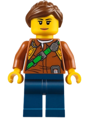 LEGO City Jungle Explorer Female - Dark Orange Shirt with Green Strap, Dark Blue Legs, Reddish Brown Ponytail and Swept Sideways Fringe minifigure