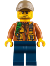 LEGO City Jungle Explorer - Dark Orange Jacket with Pouches, Dark Blue Legs, Dark Tan Cap with Hole, Crooked Smile and Scar minifigure