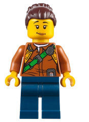 LEGO City Jungle Explorer Female - Dark Orange Shirt with Green Strap, Dark Blue Legs, Dark Brown Hair Female Large High Bun minifigure