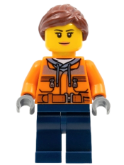 LEGO Cargo Center Worker - Female, Orange Safety Jacket, Reflective Stripe, Sand Blue Hoodie, Dark Blue Legs, Reddish Brown Hair, Peach Lips minifigure