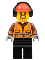 LEGO Cargo Center Worker - Male, Orange Safety Vest, Reflective Stripes, Reddish Brown Shirt, Black Legs, Red Construction Helmet with Black Headphones, Goatee minifigure