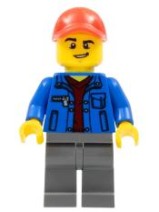 LEGO Truck Driver - Blue Jacket over Dark Red V-Neck Sweater, Dark Bluish Gray Legs, Red Cap with Hole, Lopsided Grin minifigure