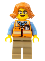 LEGO Cargo Office Worker - Orange Safety Vest with Reflective Stripes, Dark Tan Legs, Dark Orange Female Hair Short Swept Sideways, Glasses minifigure