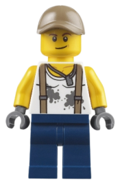 LEGO City Jungle Engineer - White Shirt with Suspenders and Dirt Stains, Dark Blue Legs, Dark Tan Cap with Hole, Smirk minifigure