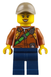 LEGO City Jungle Explorer Female - Dark Orange Shirt with Green Strap, Dark Blue Legs, Dark Tan Cap with Hole, Black Eyebrows minifigure