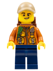 LEGO City Jungle Explorer - Dark Orange Jacket with Pouches, Dark Blue Legs, Dark Tan Cap with Hole, Backpack, Lopsided Grin minifigure