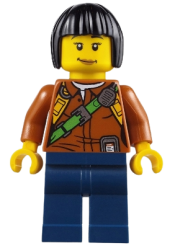 LEGO City Jungle Explorer Female - Dark Orange Shirt with Green Strap, Dark Blue Legs, Black Bob Cut Hair, Peach Lips Lopsided Smile minifigure