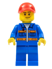 LEGO Blue Jacket with Pockets and Orange Stripes, Blue Legs, Red Cap with Hole minifigure