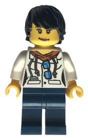LEGO City Jungle Scientist Female - White Lab Coat with Sunglasses, Dark Blue Legs, Black Tousled Hair minifigure