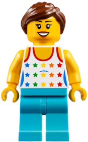 LEGO Shirt with Female Rainbow Stars Pattern, Medium Azure Legs, Reddish Brown Ponytail Hair, Black Eyebrows minifigure