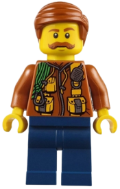 LEGO City Jungle Explorer - Dark Orange Jacket with Pouches, Dark Blue Legs, Dark Orange Smooth Hair, Moustache minifigure