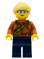 LEGO City Jungle Explorer Female - Dark Orange Shirt with Green Strap, Dark Blue Legs, Bright Light Yellow Ponytail and Swept Sideways Fringe minifigure