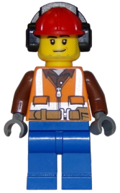 LEGO Forester - Male, Orange Safety Vest, Reflective Stripes, Reddish Brown Shirt, Blue Legs, Red Construction Helmet with Black Headphones, Stubble minifigure