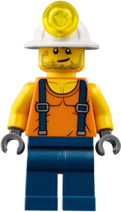 LEGO Miner - Shirt with Straps, Dark Blue Legs, Mining Helmet, Stubble and Scar minifigure