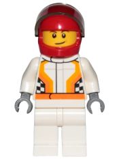 LEGO Race Car Driver, White Race Suit with Orange Stripes and Checkered Pattern, Red Helmet, Crooked Smile with Brown Dimple minifigure