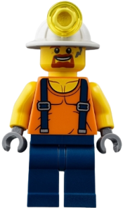 LEGO Miner - Shirt with Straps, Dark Blue Legs, Mining Helmet, Goatee and Moustache minifigure