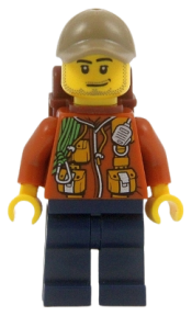 LEGO City Jungle Explorer - Dark Orange Jacket with Pouches, Dark Blue Legs, Dark Tan Cap with Hole, Smirk and Stubble Beard with Backpack minifigure