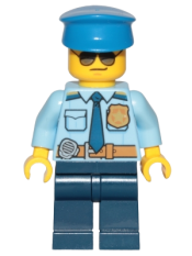 LEGO Police - City Officer Shirt with Dark Blue Tie and Gold Badge, Dark Tan Belt with Radio, Dark Blue Legs, Police Hat, Sunglasses minifigure