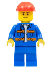 LEGO Blue Jacket with Diagonal Lower Pockets and Orange Stripes, Blue Legs, Red Construction Helmet minifigure