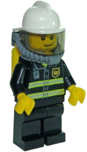 LEGO Fire - Reflective Stripes, Black Legs, White Fire Helmet, Smirk and Stubble Beard, Breathing Neck Gear with Yellow Air Tanks minifigure