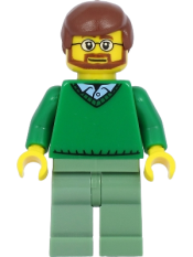 LEGO Green V-Neck Sweater over Button Down Shirt Collar with 1 Button, Sand Green Legs, Reddish Brown Hair, Beard minifigure