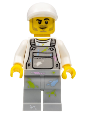 LEGO Light Bluish Gray Overalls with Paint Splatters, Light Bluish Gray Legs, White Short Bill Cap, Stubble minifigure