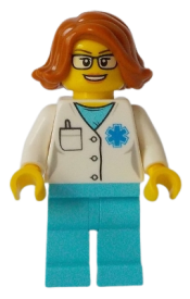 LEGO Doctor - EMT Star of Life, Medium Azure Legs, Dark Orange Female Hair Short Swept Sideways, Glasses minifigure