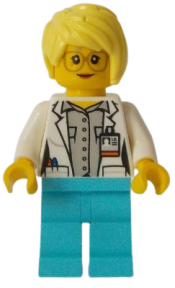 LEGO White Shirt over Light Bluish Gray Shirt, Name Tag, Medium Azure Legs, Bright Light Yellow Female Hair, Glasses minifigure