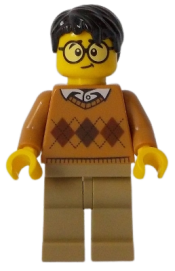LEGO Medium Nougat Argyle Sweater, Dark Tan Legs, Black Hair, Large Round Glasses minifigure