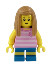 LEGO Hiker, Girl Child, Pink Kitty Shirt, Medium Nougat Long Straight Hair with Side Part minifigure