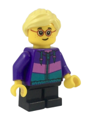 LEGO Hiker, Girl Child, Dark Purple Jacket, Glasses, Bright Light Yellow Ponytail and Swept Sideways Fringe minifigure