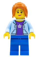 LEGO Hiker, Female, Bright Light Blue Hoodie over Dark Purple Star Shirt, Dark Orange Ponytail Long with Side Bangs minifigure