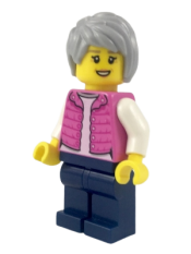 LEGO Camper, Female, Dark Pink Jacket, Dark Blue Legs, Light Bluish Gray Female Hair Short Tousled minifigure
