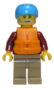 LEGO Man, Dark Red Jacket with Bright Light Blue Shirt, Dark Tan Legs, Orange Life Jacket, Dark Azure Sports Helmet, Beard (Rafter) minifigure