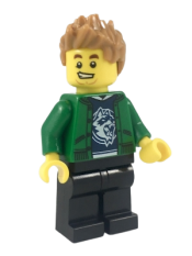 LEGO Hiker, Male, Green Jacket over Raccoon Shirt, Black Legs, Medium Nougat Spiked Hair minifigure