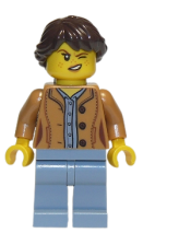 LEGO Nature Photographer, Female, Medium Nougat Jacket, Sand Blue Legs, Dark Brown Hair Ponytail Long French Braided minifigure